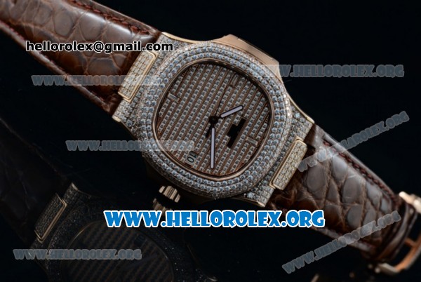 Patek Philippe Nautilus Miyota 9015 Automatic Rose Gold Case with Diamond Dial and Brown Leather Strap - Click Image to Close
